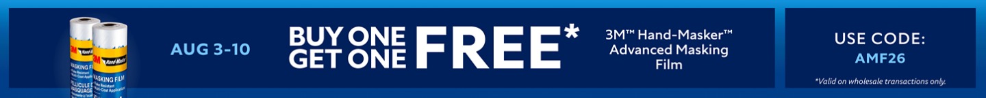 Aug 3-10. Buy One Get One FREE 3M™ Hand-Masker™ Advanced Masking Film. Use Code: AMF26. *Valid on wholesale transactions only.