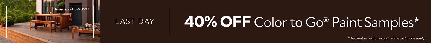 Last Day. 40% OFF Color To Go® Paint Samples. *Discount activated in cart. Some exclusions apply.
