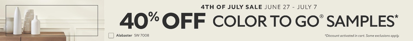 4th of July Sale June 27 - July 7. 40% OFF Color To Go® Samples. *Discount activated in cart. Some exclusions apply.