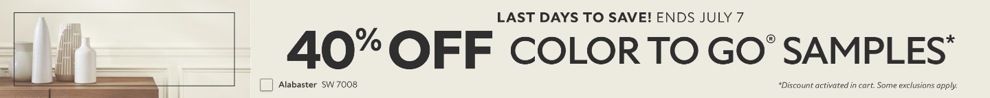 Last Days to Save! Ends July 7. 40% OFF Color To Go® Samples. *Discount activated in cart. Some exclusions apply.