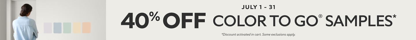 July 1-31. 40% OFF Color To Go® Samples. *Discount activated in cart. Some exclusions apply.