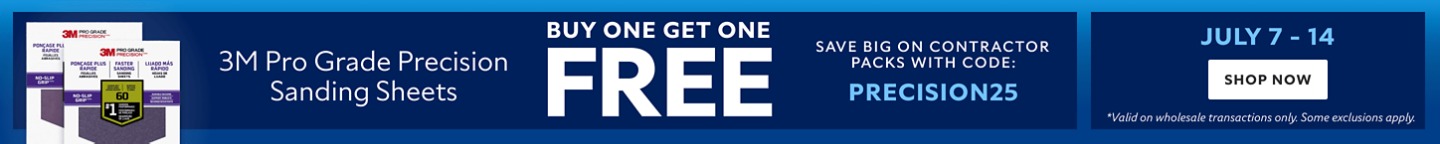 3M Pro Grade Precision Sanding Sheets, Buy One Get One FREE. Save Big on Contractor Packs with Code: PRECISION25. July 7-14. Shop Now. *Valid on wholesale transactions only. Some exclusions apply.