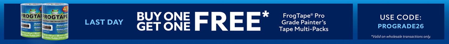 Last Day. Buy One Get One FREE Frogtape® Pro Grade Painter's Tape Multi-Packs. Use Code: PROGRADE26. *Valid on wholesale transactions only.