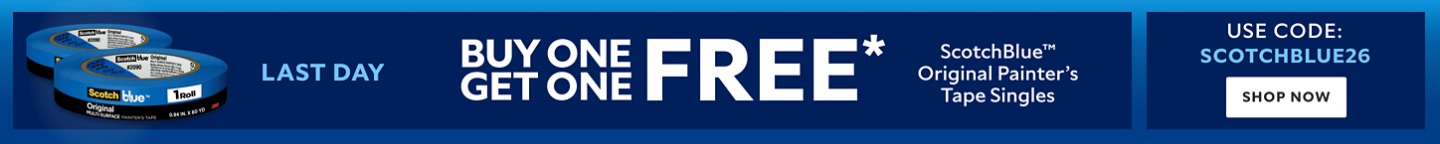 Last Day. Buy One Get One FREE ScotchBlue™ Original Painter's Tape Singles. Use Code: SCOTCHBLUE26. Shop Now. *Valid on wholesale transactions only.