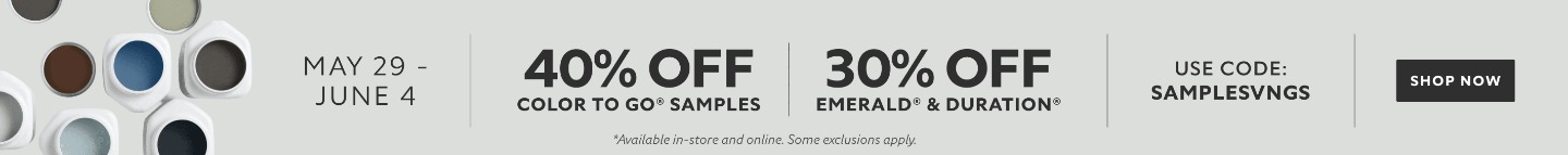 May 29 - June 4. 40% OFF Color To Go® Samples, 30% OFF Emerald® & Duration®. Use Code: SAMPLESVNGS. Shop Now. *Available in-store and online. Some exclusions apply.
