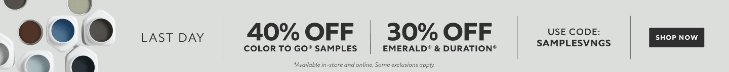 Last Day. 40% OFF Color To Go® Samples, 30% OFF Emerald® & Duration®. Use Code: SAMPLESVNGS. Shop Now. *Available in-store and online. Some exclusions apply.