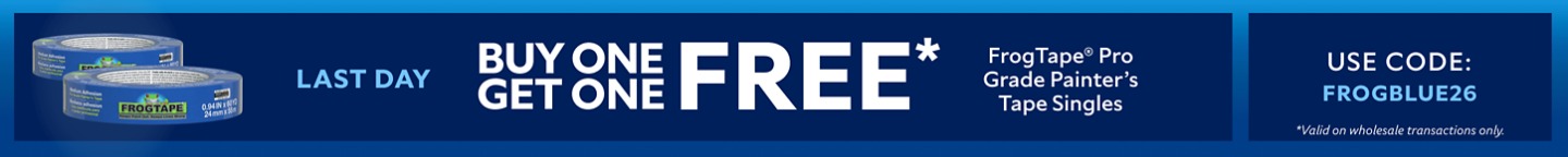 Last Day. Buy One Get One FREE FrogTape® Pro Grade Painter's Tape Singles. Use Code: FROGBLUE26.